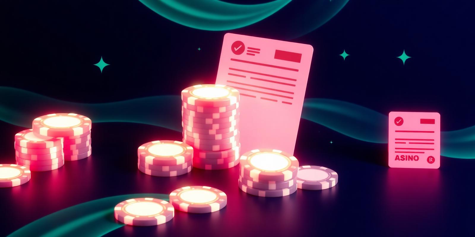 Casino fiches en licentiedocumenten met groene neon accenten