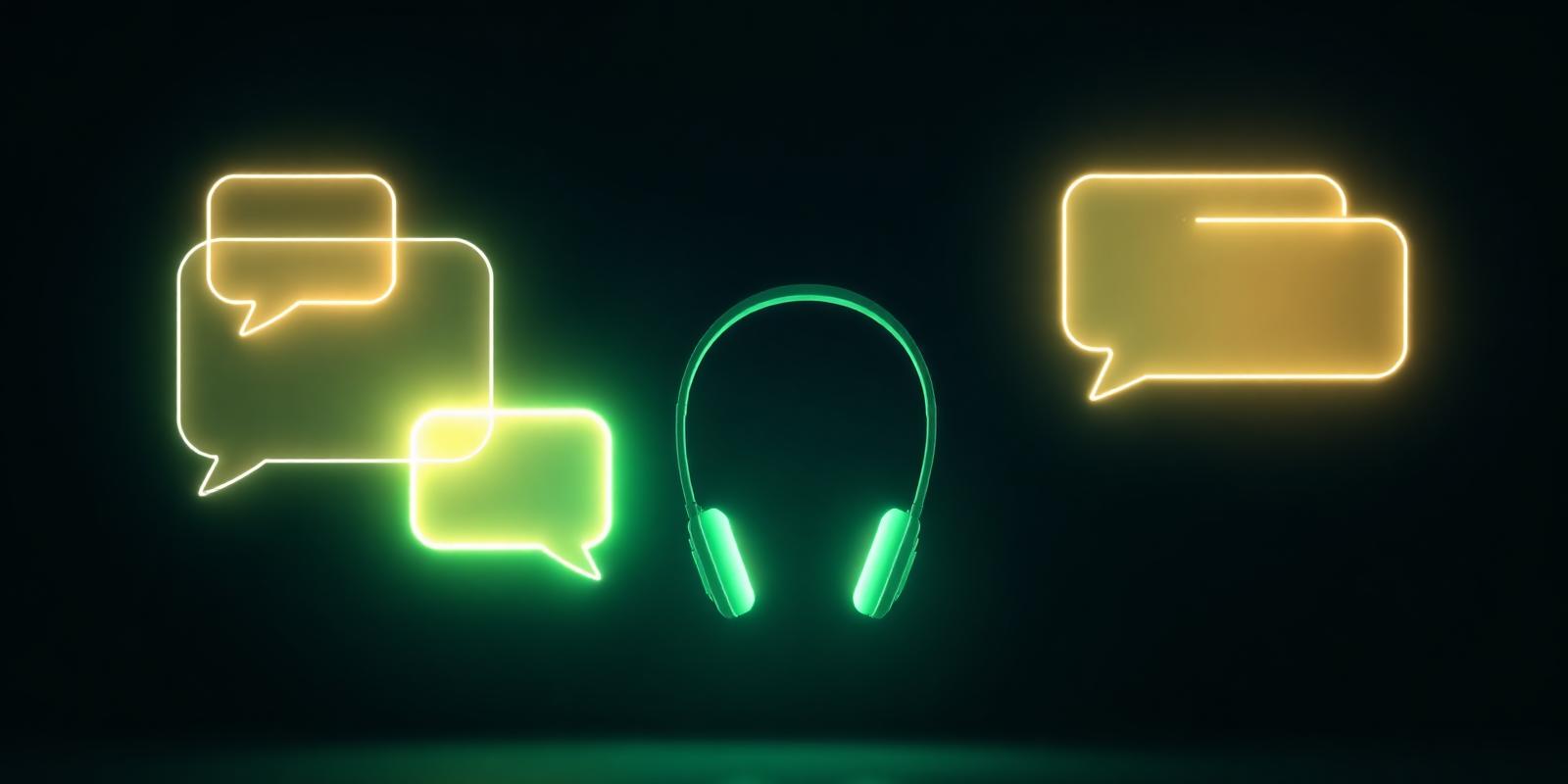 Neon spraakwolkjes en koptelefoon symbool in mintgroene gloed