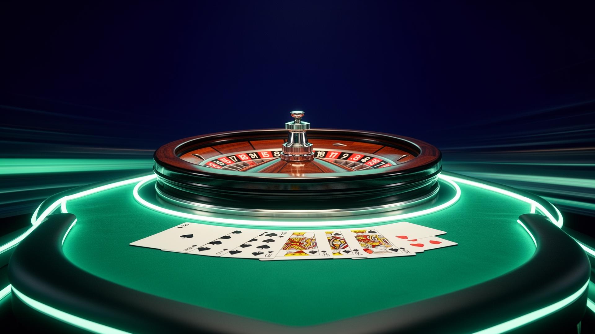 Live casino tafel met roulette en speelkaarten in mintgroene verlichting