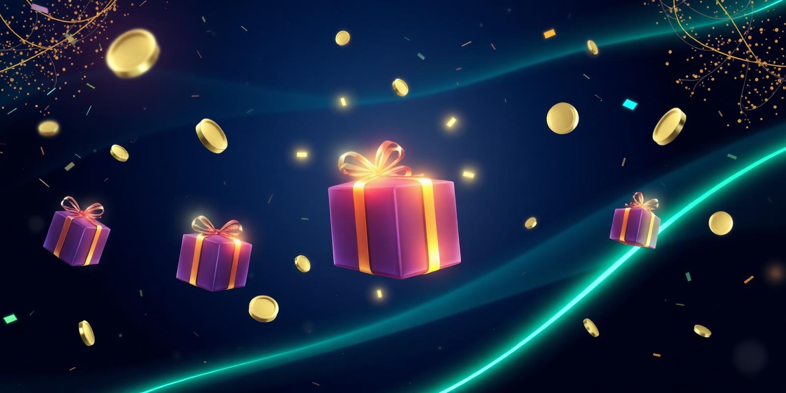 Geschenken en gouden munten zwevend boven een mintgroene neonbaan