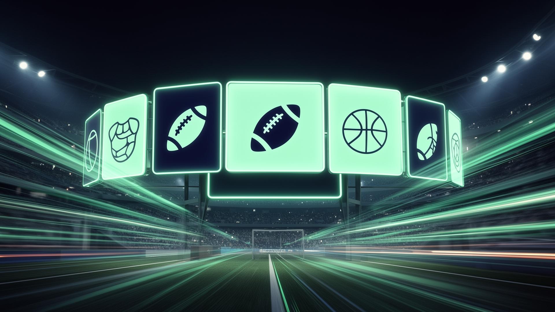 Sportsboek scoreborden met voetbal en basketbal iconen in een stadion