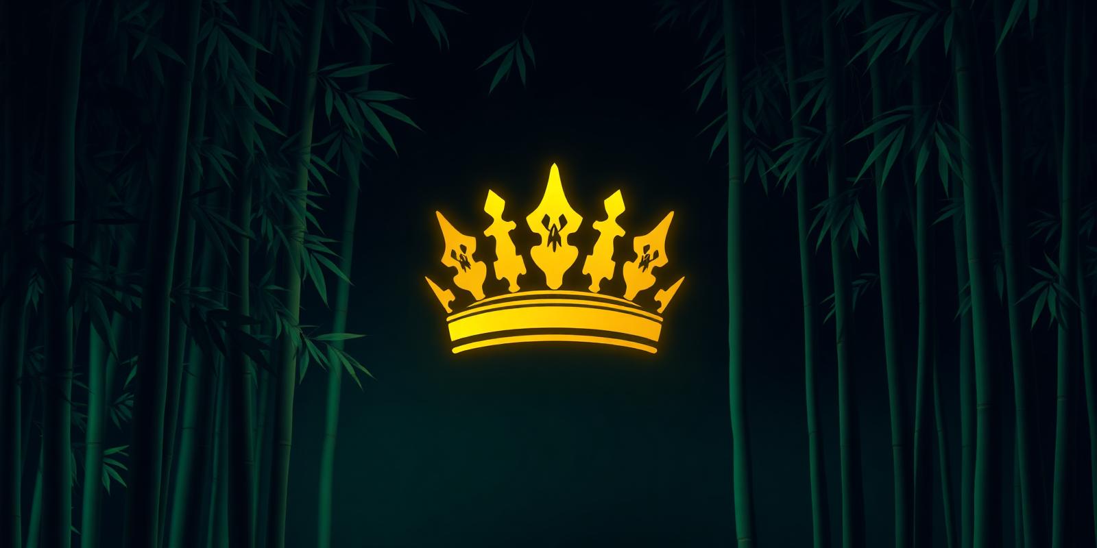 Gouden kroon zwevend tussen donker bamboe met zachte mintgroene gloed